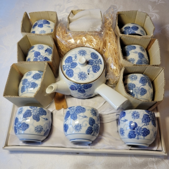Japanese Blue Floral Tea Set